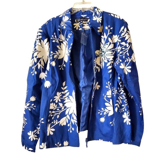 SUSAN GRAVER WOMENS LINED FLORAL BLUE WHITE ZIP BLAZER GLASS EMBROIDERY XL NWOT - Picture 5 of 8